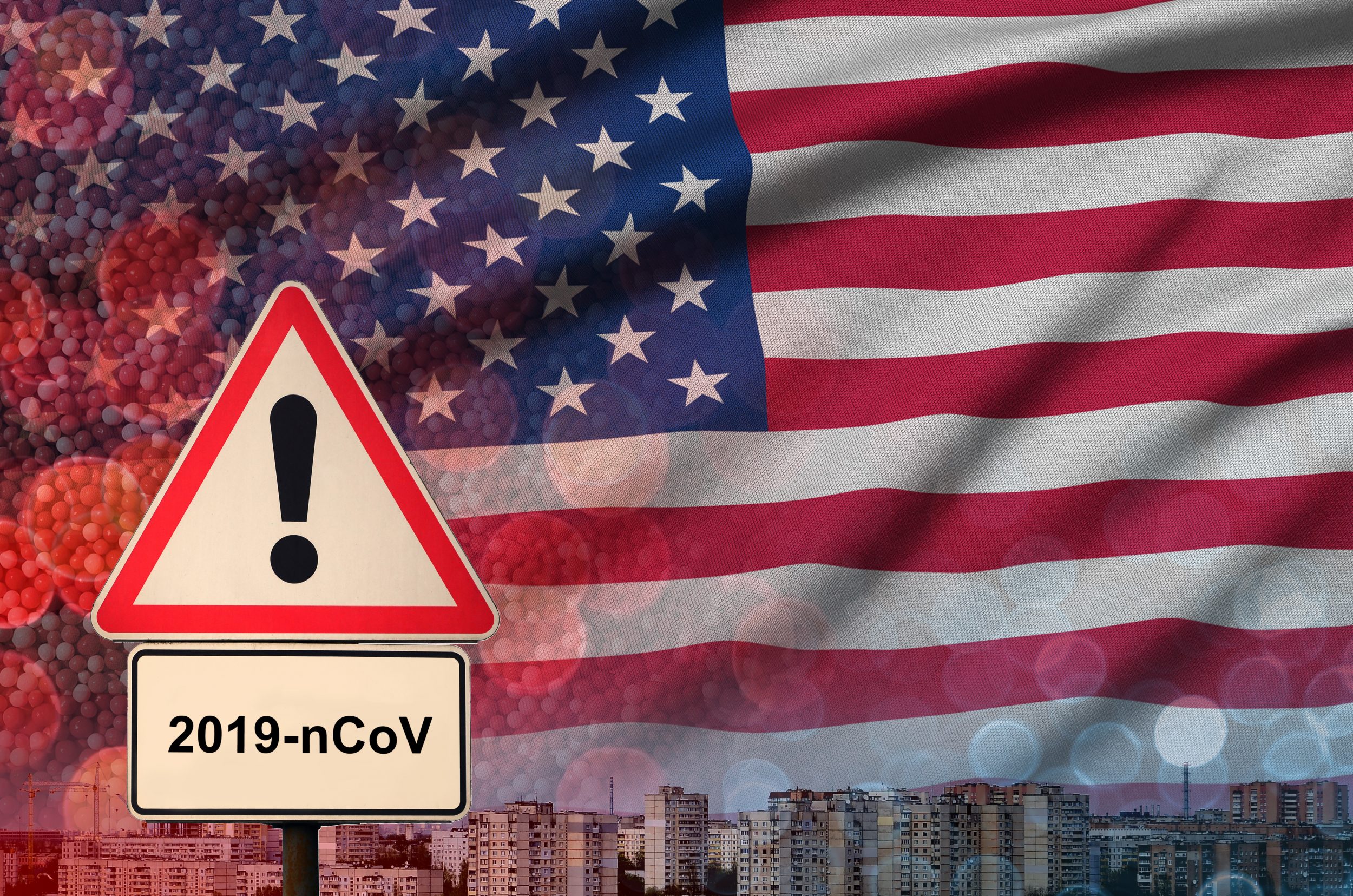 Coronavirus decontamination sign on US flag Coronavirus decontamination sign on US flag